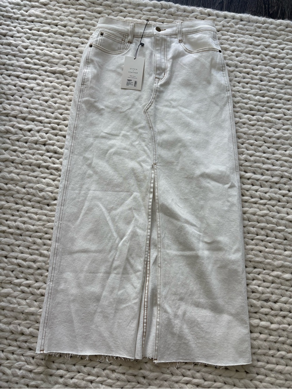 Stitch + Feather  Off White Denim Maxi Skirt with Front Slit
Size Small. NWT